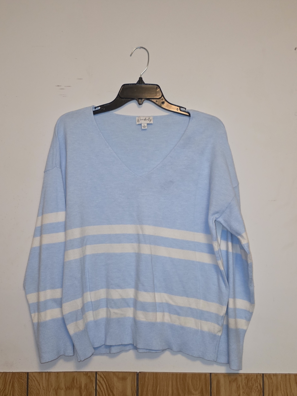 Wonderly Light Blue and White Striped V-Neck Sweater